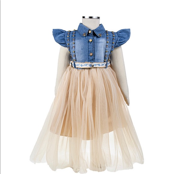 Toddler Girl Bowknot Denim Beige Mesh Tutu Dress - Picture 1 of 2